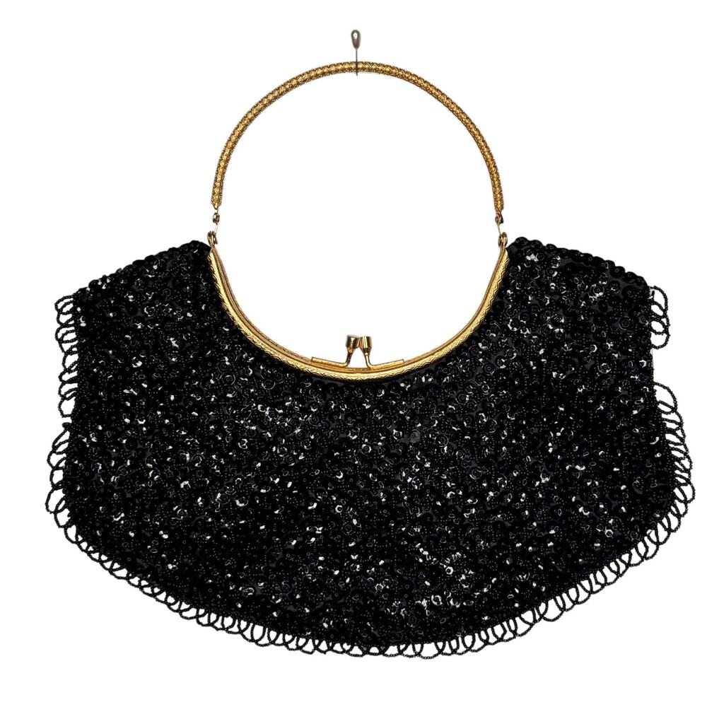 Vintage 1960s Black Hand Beaded Hong Kong Evening Bag Gold Foldaway Handle Purse